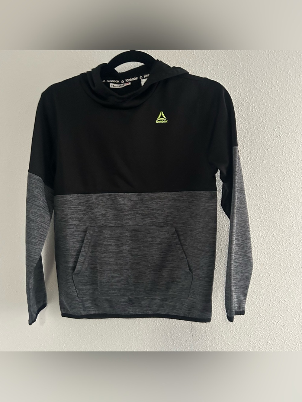Reebok Two-Tone Black and Heather Gray Hoodie with Neon Logo